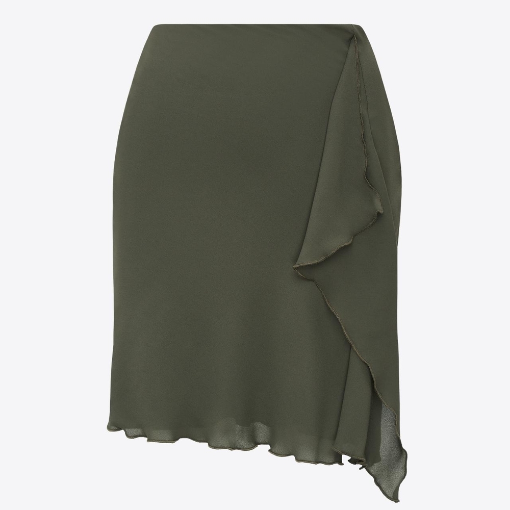 Susamusa Olive Green Silky Chiffon Ruffle Iris Slip Mini Skirt M
